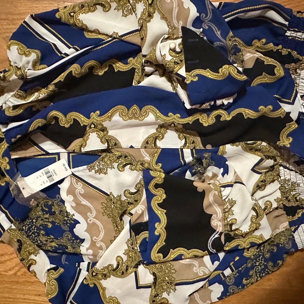Sexy royal blue Baroque Print shirt